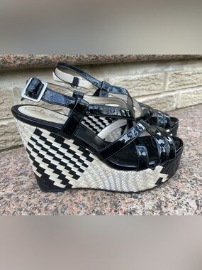 Cole Haan Black Patent Strappy Wedge Sandals  Platform